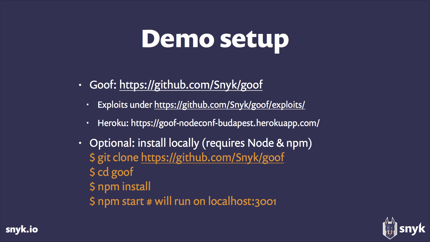 Demo Setup for Goof. the vulnerable Node.js application