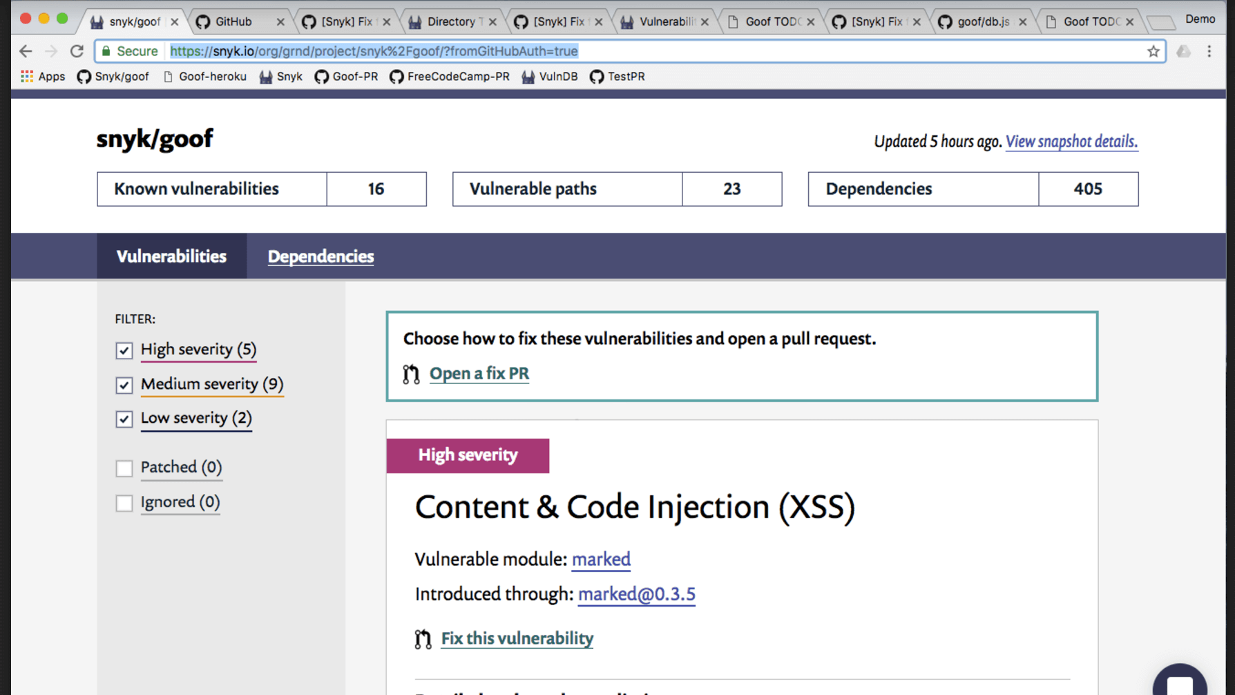 Goof vulnerability page in Snyk