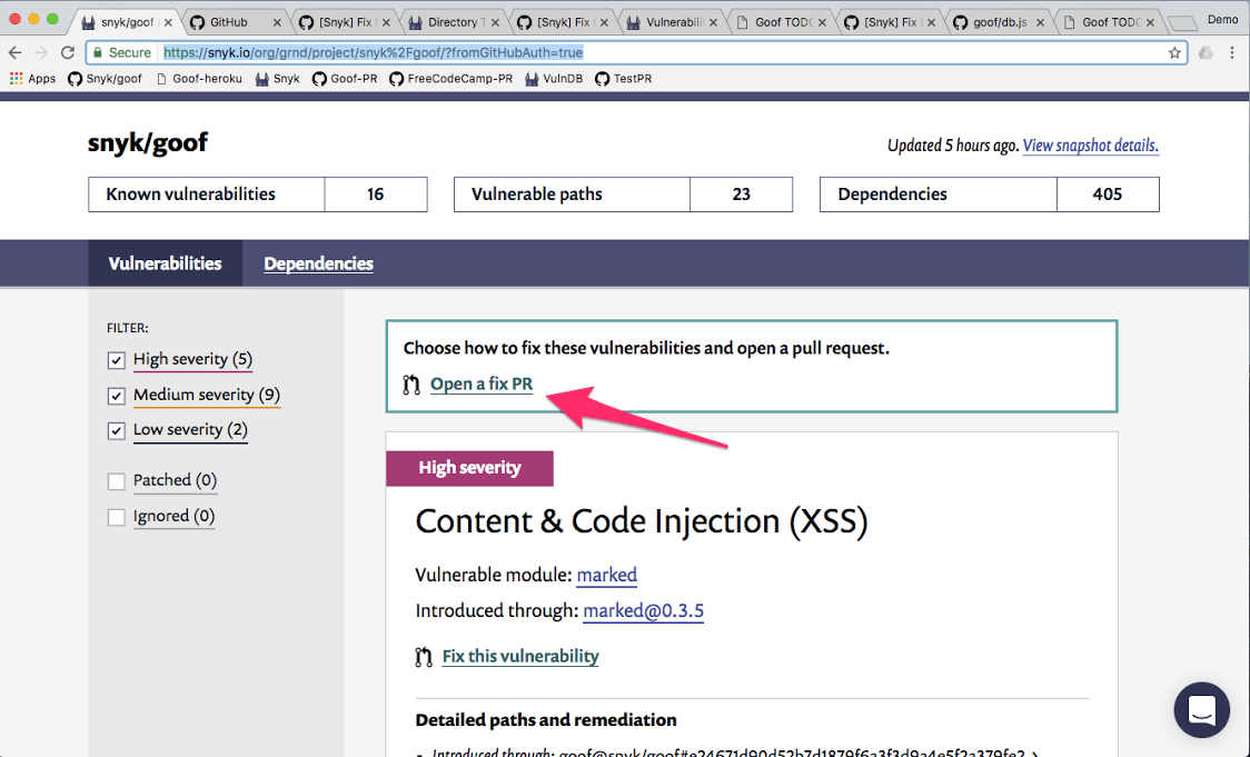 opening a fix pr in snyk