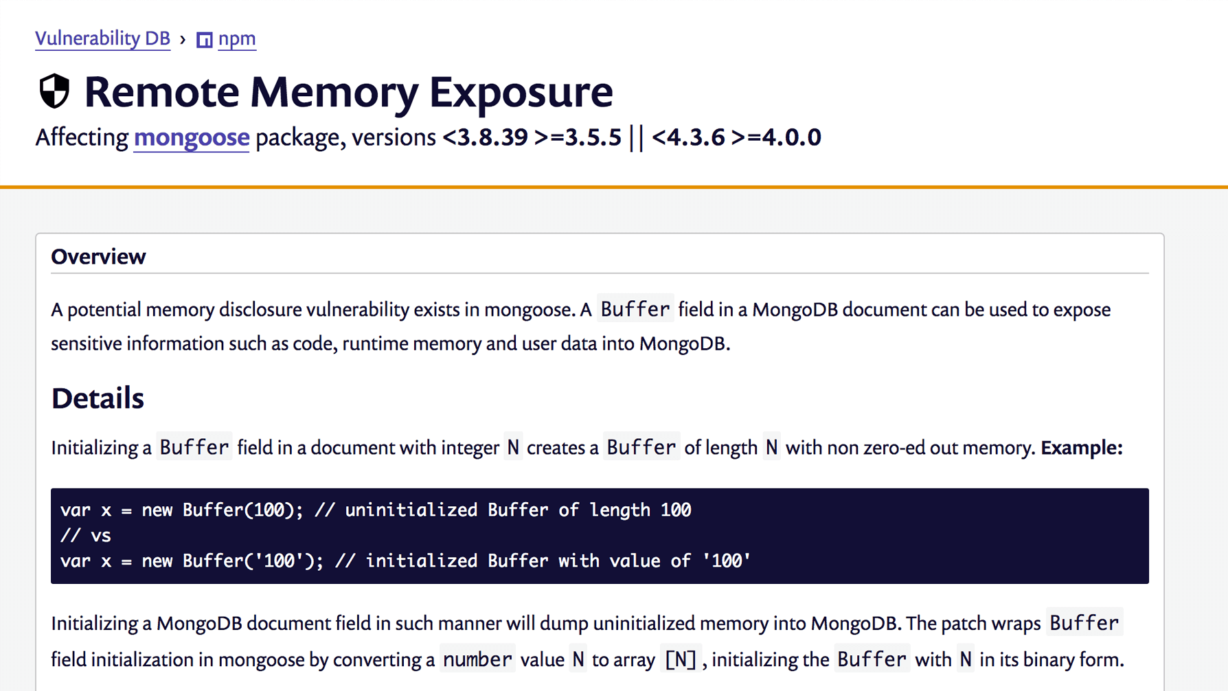remote memory exposure vulnerability in mongoose