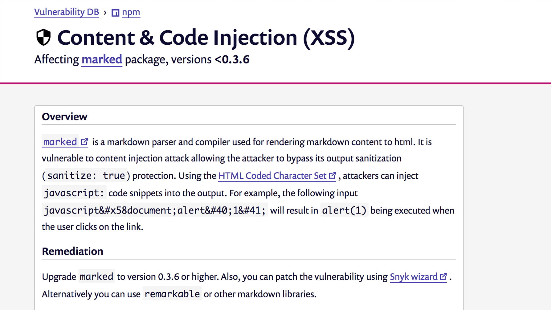 the XSS vulnerability in marked